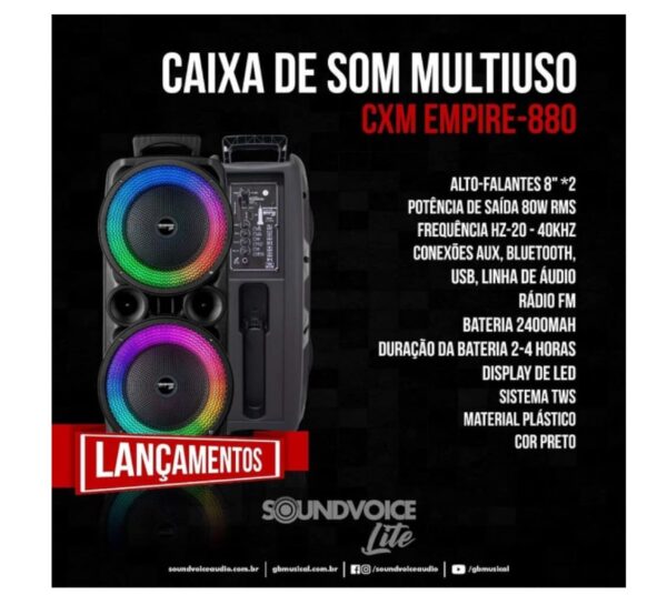 Soundvoice CMX Empire-880 – Caixa de Som Torre 80 W RMS Bluetooth com Bateria Recarregável - Imagem 2